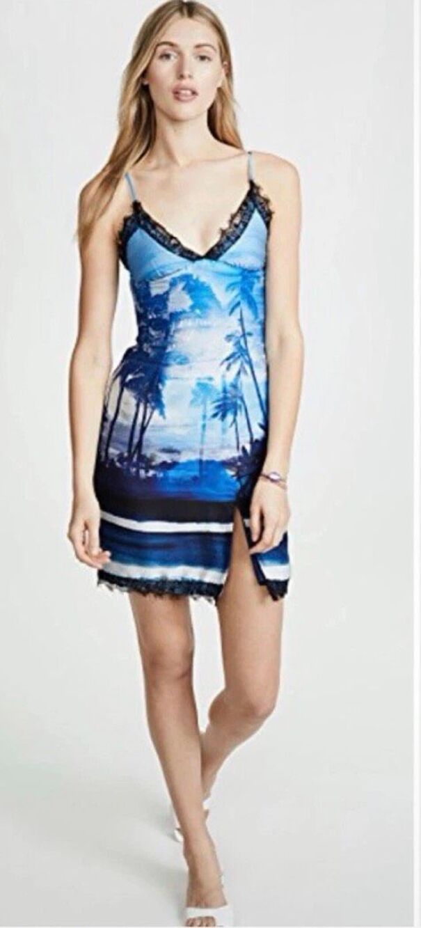 Le Superbe Helenas Palm Tree Mini Slip Dress in Ocean Blue NWT Size 2